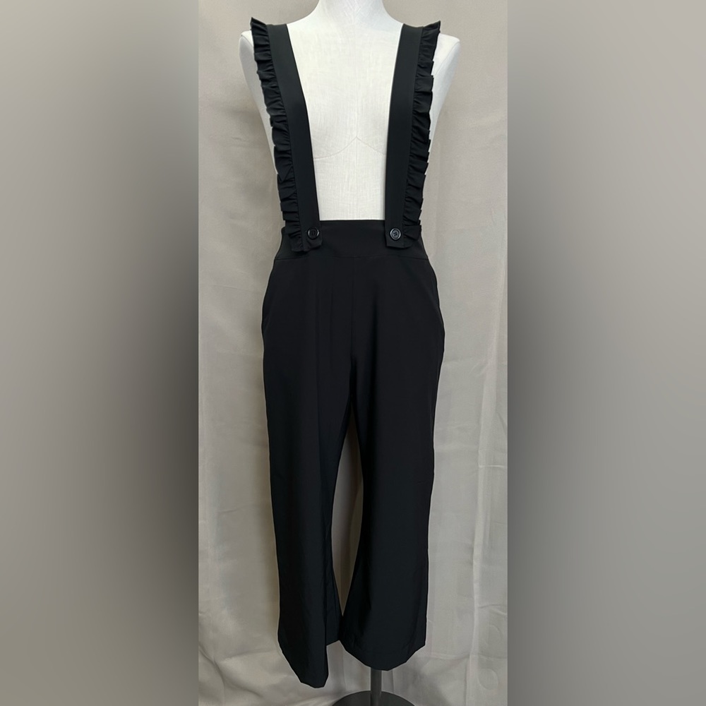 Albion Overall Pants M Black Ruffle High Waisted Rise Jumpsuit Wide Leg Crop